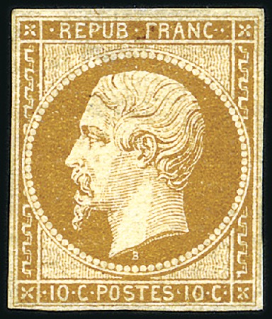 Stamp of France 1852 10c Présidence bistre jaune, neuf, qq petits 