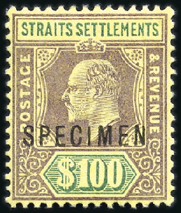 Stamp of Malaysia » Straits Settlements 1903 $100 Purple & Green on Yellow with SPECIMEN o