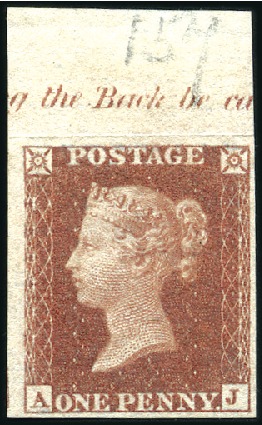 Stamp of Great Britain » 1841 1d Red Plate 157 AJ IMPRIMATUR with sheet margin at top a