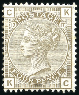 Stamp of Great Britain » 1855-1900 Surface Printed 1873-80 4d  Grey-Brown pl.17, unused no gum, odd s