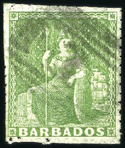 Stamp of Barbados 1860 (1/2d) Green pin perf. 12 1/2, light "1" nume