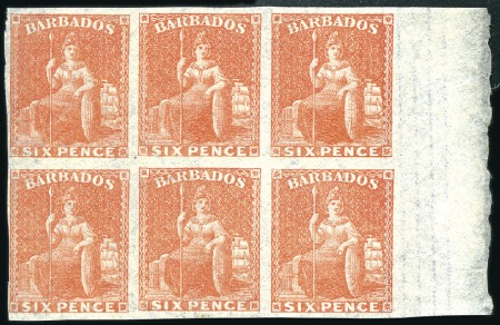 Stamp of Barbados 1873 6d Orange-Vermilion IMPERFORATE variety right