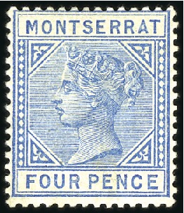 Stamp of Montserrat 1884-85 4d Blue, mint large part og, fine and scar