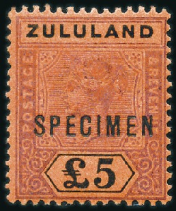 Stamp of South Africa » Zululand 1894 £5 Purple & Black on red with SPECIMEN overpr