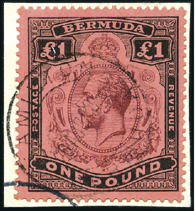 Stamp of Bermuda 1918-22 £1 Purple & Black on red tied to small pie