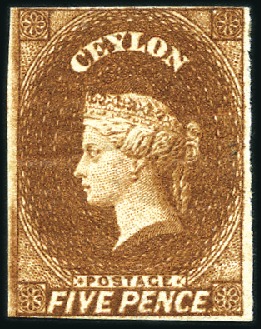 Stamp of Ceylon 1857-59 5d Chestnut with very close to good margin