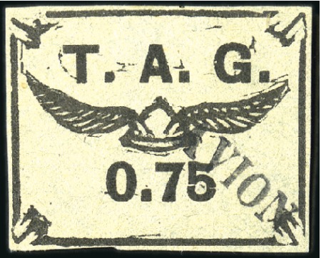 Stamp of Colonies françaises » Guyane - T.A.G. 75c noir sur bleuté, obl., TB, rare, signé