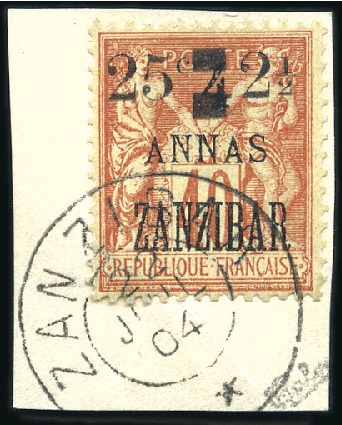 Stamp of Colonies françaises » Zanzibar (Poste française) 1904 25 et 2 1/2 sur 4a sur 40c, obl. sur fragment