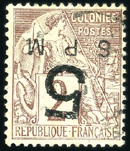 Stamp of Colonies françaises » St. Pierre et Miquelon 1885 5 sur 2c lilas-brun sur paille, obl., TB, sig