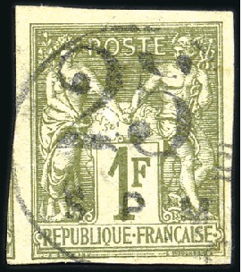 Stamp of Colonies françaises » St. Pierre et Miquelon 1885 25 sur 1F olive, obl., voisin à gauche, TB, s