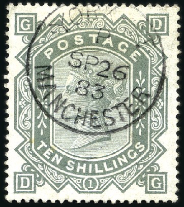 Stamp of Great Britain » 1855-1900 Surface Printed 1867-83 10s Greenish Grey pl.1, wmk Anchor, with n