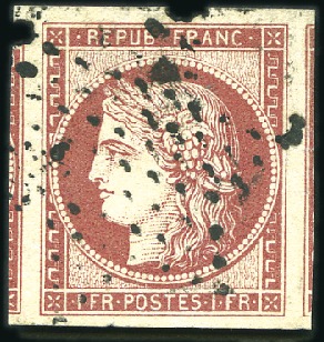 Stamp of France 1849 1F carmin foncé avec voisins à droite et à ga