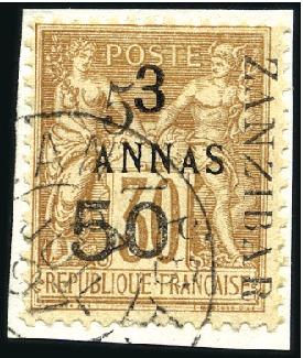 Stamp of Colonies françaises » Zanzibar (Poste française) 1897 5 et 50 sur 3a sur 30c obl., type V, tirage 3
