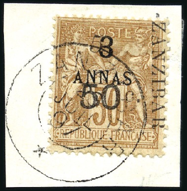 Stamp of Colonies françaises » Zanzibar (Poste française) 1897 5 et 50 sur 3a sur 30c obl., type VIII, tirag