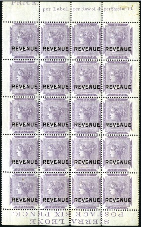 Stamp of Sierra Leone REVENUES: 1884 6d lilac complete pane of 20 with f