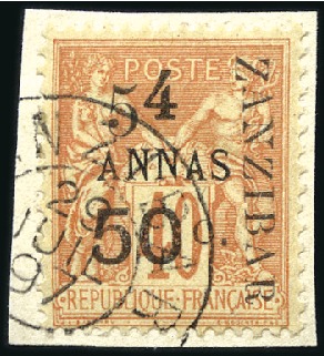 Stamp of Colonies françaises » Zanzibar (Poste française) 1897 5 et 50 sur 4a sur 40c obl., type I, tirage 4