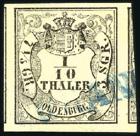 Stamp of German States » Oldenburg 1852 1/10Th black on yellow used with extra large 