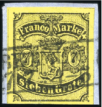 Stamp of German States » Bremen 1860 7Gr black on yellow tied to small fragment by