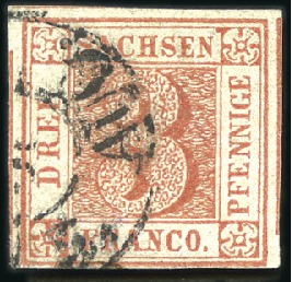 Stamp of German States » Saxony 1850 3Pf red, white to large white margins all aro