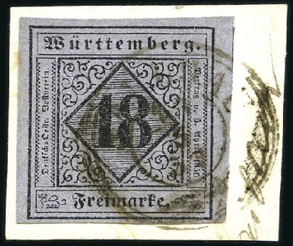 Stamp of German States » Wurttemberg 1851 18Kr black on lilac tied to fragment by hinge