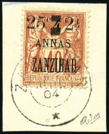 Stamp of Colonies françaises » Zanzibar (Poste française) 1904 25 et 2 1/2 sur 4a sur 40c obl, sur fragment,