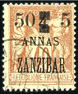 Stamp of Colonies françaises » Zanzibar (Poste française) 1904 50 et 5 sur 4a sur 40c obl, TB, rare, tirage 