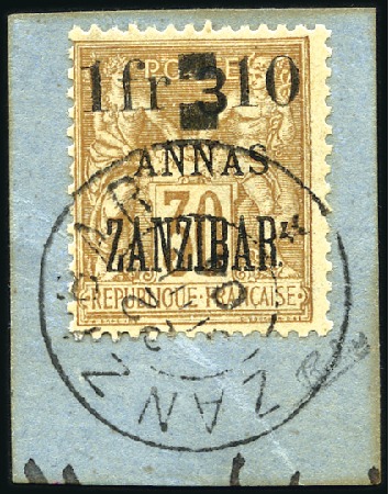 Stamp of Colonies françaises » Zanzibar (Poste française) 1904 1F et 10 sur 3a sur 30c obl. sur fragment, TB