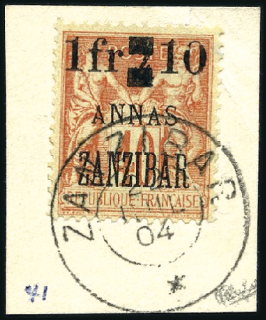 Stamp of Colonies françaises » Zanzibar (Poste française) 1904 1F et 10 sur 4a sur 40c obl. sur fragment, TB