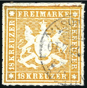 Stamp of German States » Wurttemberg 1865 18Kr orange rouletted, used, fine, sign.Octav