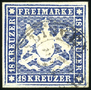 Stamp of German States » Wurttemberg 1859 18Kr blue, used, very fine example with large