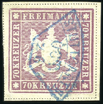 Stamp of German States » Wurttemberg 1873 70Kr red lilac (pos.6) , used with blue fan c