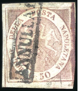 Stamp of Italian States » Naples 1858 50gr Brownish rose with boxed 'ANNULLATO' par