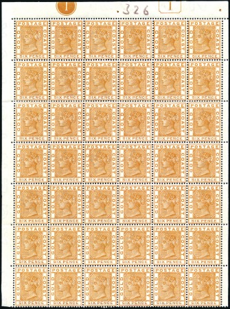 Stamp of Gold Coast 1884-91 6d Orange top marginal block of 42 with sh
