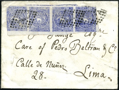 Stamp of Ecuador » 1865-72 First Issue 1865 1/2 Violet Blue, strip of four with partial s