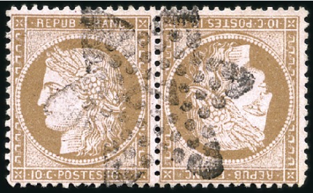 Stamp of France 1871-75 Cérès 10c en paire TETE-BECHE avec obl. ét
