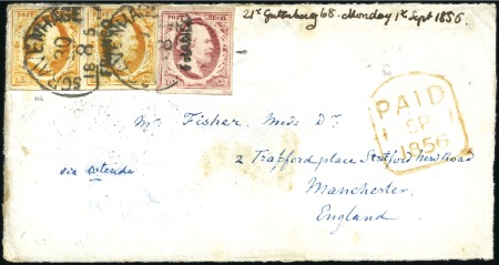 Stamp of Netherlands 1852 15c Orange in pair plus 10c carmine tied SCRA