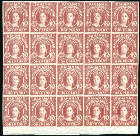 Stamp of Bahamas 1860 1d Dull lake, mint marginal block of 20, good