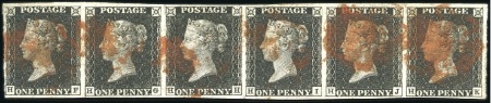 Stamp of Great Britain » 1840 1d Black and 1d Red plates 1a to 11 Plate 7 HF-HK strip of six, with close to large ma