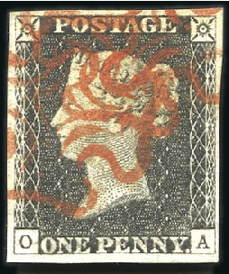 Stamp of Great Britain » 1840 1d Black and 1d Red plates 1a to 11 Plate 2 OA with fine to large margins, crisp red M