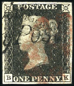 Stamp of Great Britain » 1840 1d Black and 1d Red plates 1a to 11 Plate 3 BK with good even margins, red MC and part