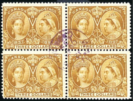 Stamp of Canada 1897 Jubilee $3 Bistre block of four with central 
