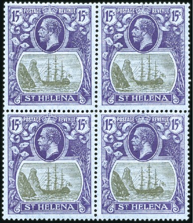 Stamp of St. Helena 1922-37 15s Grey & Purple on blue block of four, m