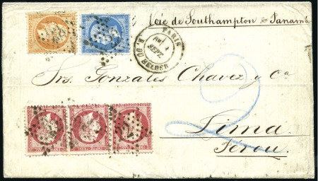 Stamp of Peru » French Post Office 1866 Inbound cover, 3-colour franking with Napoleo