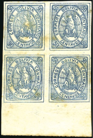 Stamp of Bolivia 1867 50c Blue, pale shade, bottom marginal block o