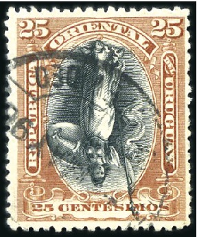 Stamp of Uruguay 1895 25c INVERTED CENTRE, one of the finest of abo