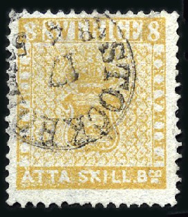 Stamp of Sweden 1855 8sk Dull Olive Yellow, neat 1857 Stockholm cd