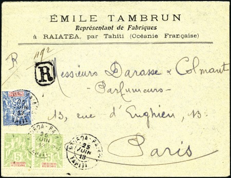 Stamp of Colonies françaises » Tahiti 1913 Enveloppe recommandé de Uturoa, Raiatea pour 