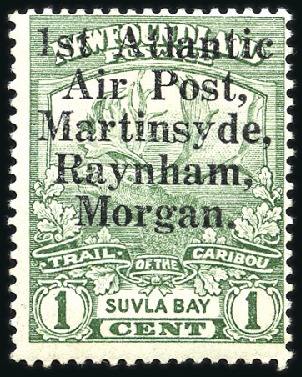 Stamp of Canada » Newfoundland 1919 1c Green with "1st Atlantic / Air Post, / Mar