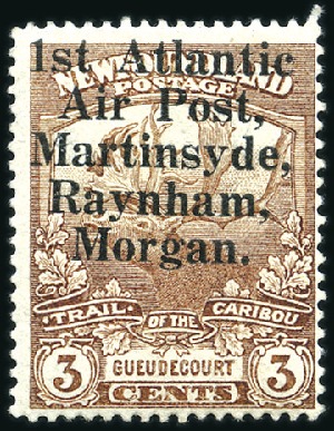 Stamp of Canada » Newfoundland 1919 3c Brown with "1st Atlantic / Air Post, / Mar
