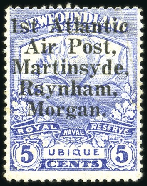 Stamp of Canada » Newfoundland 1919 5c Ultramarine with "1st Atlantic / Air Post,